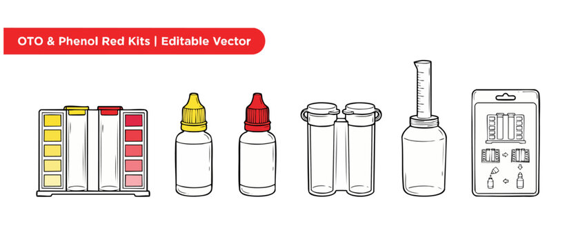 Pool water test kit vector icons for chlorine and pH maintenance. OTO and phenol red chemical reagent dropper bottles, comparator block, and vial testing equipment illustrations on white background