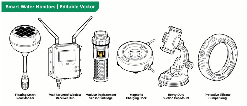 Smart water monitor vector icons of pool sensor system, wireless receiver hub, charging dock, suction cup mount, and bumper ring accessories for smart home pool maintenance. Technical line art set.