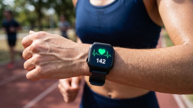 Runner checks heart rate on smartwatch during outdoor exercise on a sunny day