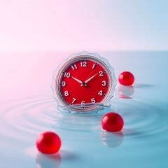 A red clock sits in water with ripples and three red balls nearby indoors