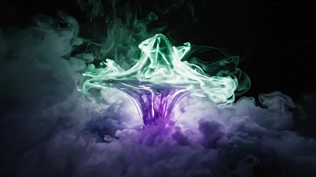 Purple, green smoke mushroom cloud, psychedelic effect, abstract background, surreal atmosphere