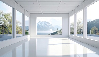 Fototapeta premium Modern minimalist interior with panoramic windows overlooking a serene mountain landscape.