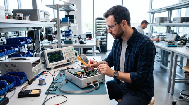 Engineer testing electronic circuit board with oscilloscope and multimeter in modern laboratory