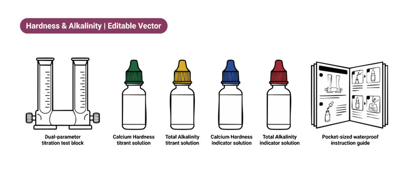 Water testing kit vector set for hardness and alkalinity chemical analysis featuring titration bottles, test block, and instruction guide booklet for pool hygiene spa maintenance and science analysis.