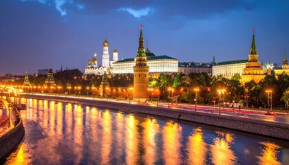 Fototapeta premium Moscow Kremlin and Moskva River at Dusk.