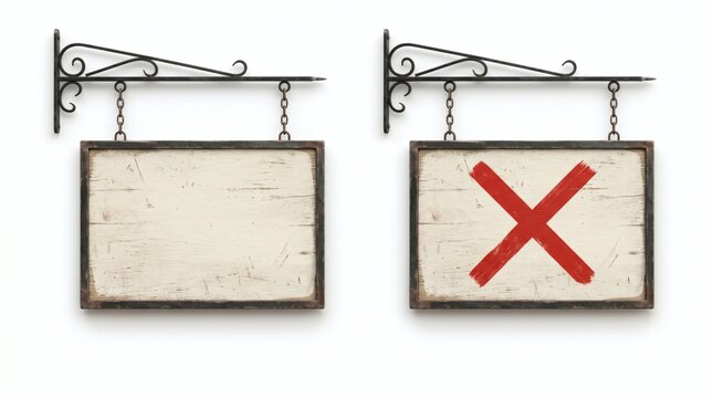 Two vintage hanging signs one blank and one with a red cross symbol on white wooden planks