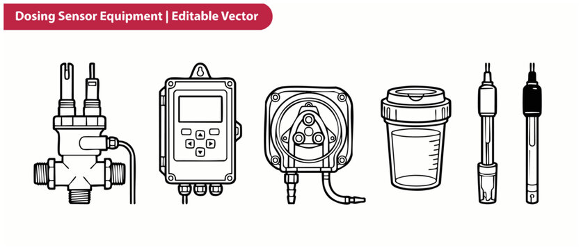 Water treatment dosing sensor equipment vector set featuring digital controller, peristaltic pump, pH probe, beaker, and flow sensor icons for industrial water monitoring and chemical laboratory syste