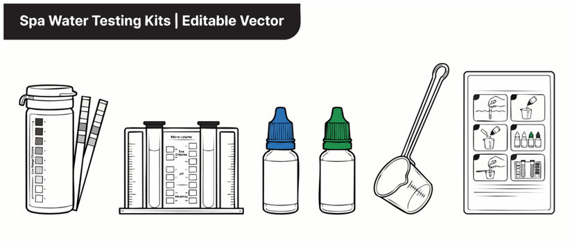 Spa water testing kit vector set for pool maintenance, chlorine and pH level analysis with test strips, dropper bottles, comparator block, and instructions, flat outline icon collection pack systems.