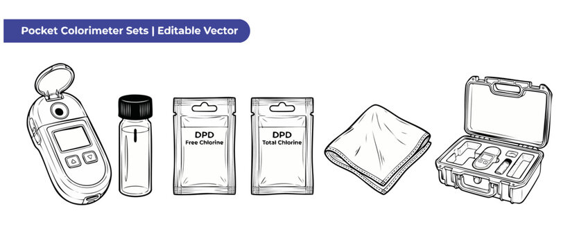 Chlorine tester colorimeter kit vector icons featuring digital pocket photometer, water test vial, DPD reagent powder packets, cleaning cloth, protective carrying case, scientific laboratory analysis.