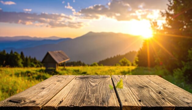 Rustic wooden table in a serene mountain landscape at sunset.