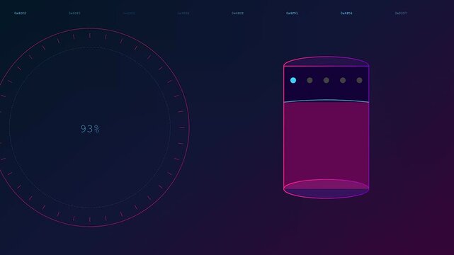 A digital container scanning process visualizes data loading progress in a dark interface with glowing circular rings and vertical cylinder symbols depicting steady system status updates