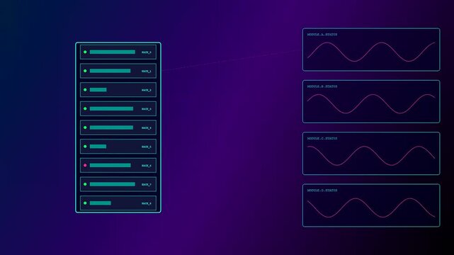 A digital container scanning process visualizes server racks with flickering light status updates displayed on floating interface panels across a dark purple gradient network monitor screen