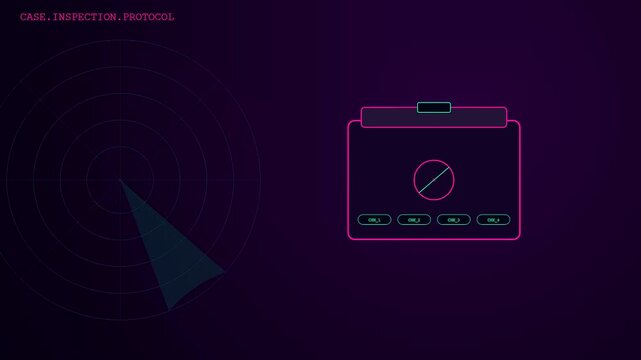 Container scanning interface showing a rotating radar sweep with interactive digital buttons on a dark purple screen during a sequential three panel visual monitoring sequence