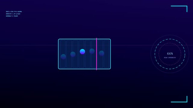 Digital container scanning interface displays fluctuating circular data metrics with glowing neon spheres sliding along grid tracks captured within a dark aesthetic motion graphic visual sequence