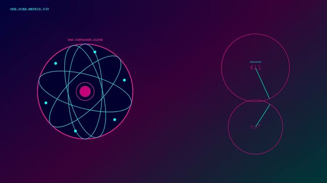 A digital container scanning sequence displays glowing orbital spheres revolving around a central core with rotating gauge needles monitoring fluctuating numerical data values on screen panels