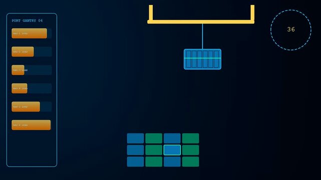 Digital container scanning process displayed as a graphical interface showing industrial crane operations moving metal cargo boxes across a blue grid in a logistics terminal view