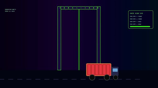 Container scanning sequence displays a cargo truck passing through an automated checkpoint archway with digital log updates appearing on a dark screen interface display monitor
