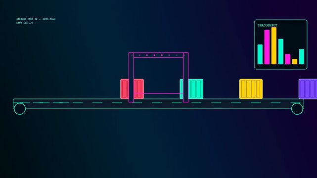 Digital container scanning process visualizing logistics workflow through animated cargo movement on a conveyor belt with illuminated bar charts showing real time throughput data flow metrics