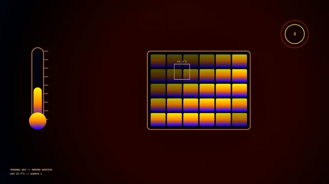 Container scanning interface showing a digital thermal grid display with fluctuating color heat maps in three sequential windows to monitor internal hardware temperature levels and data