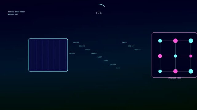 Digital cargo scanning interface showing interconnected nodes and data clusters on a dark screen with glowing neon pink and blue circles reflecting modern logistical tracking