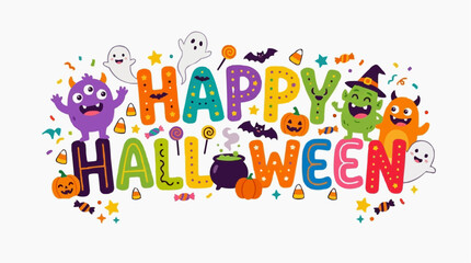 Fototapeta premium Happy Halloween Monster Parade: A whimsical and colorful illustration celebrating Halloween with playful monsters, friendly ghosts, bats, candy, and pumpkins.