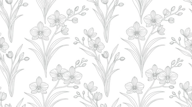 Seamless floral line art pattern with delicate orchid flowers on white background