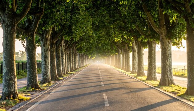 Scenic Tree Lined Road with Sunlight Filtering Through Leaves.