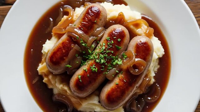 A classic comfort food dish, bangers and mash features plump, juicy sausages nestled on a bed of creamy mashed potatoes, generously smothered in a rich.