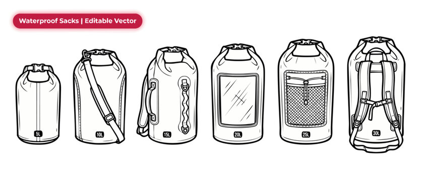 Waterproof dry bag vector set of outdoor camping sacks in various sizes, 5L to 30L capacity with straps, buckles, and mesh pockets. Clean black and white line art technical drawing product mockup icon