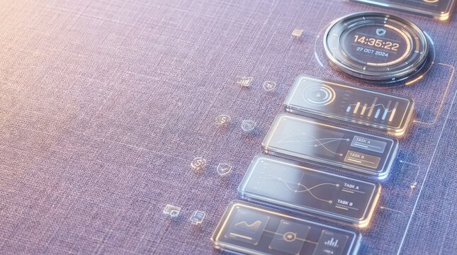 Abstract luxury asynchronous data interface with glowing glass speech bubbles and digital clock on lavender linen texture