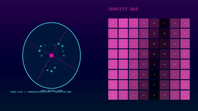 Container scanning interface displays a glowing digital mesh grid with circular targeting reticles and numeric density data values appearing on a dark purple screen display