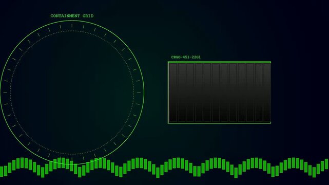 Container scanning interface showing glowing neon circular targeting systems with moving frequency wave patterns across a dark digital display used for monitoring complex data stream signals