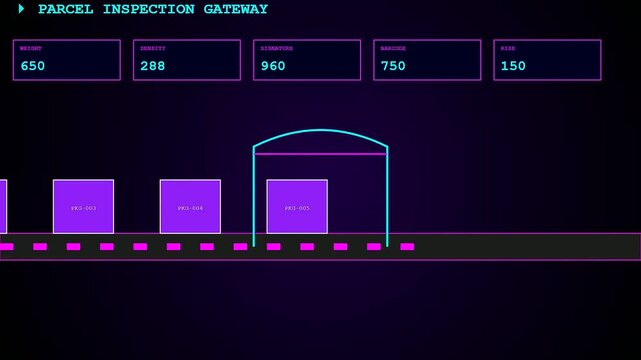 Digital data stream monitoring with container scanning shown on a dark interface representing modern logistics tracking through a glowing frame passing over purple cubic boxes