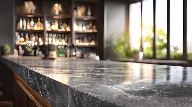 Luxurious modern bar with a marble counter, with glowing lights and rows of liquor bottles