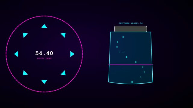 Digital container scanning process visualizing chemical specimen analysis with circular interface elements and neon glowing light nodes moving within dark glass chambers for research observation