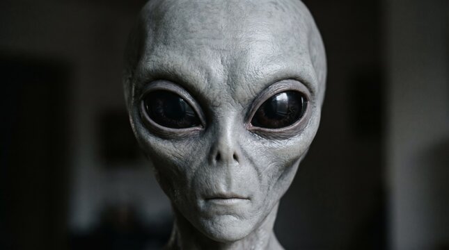 Close up portrait of a realistic grey alien with large dark eyes and wrinkled skin