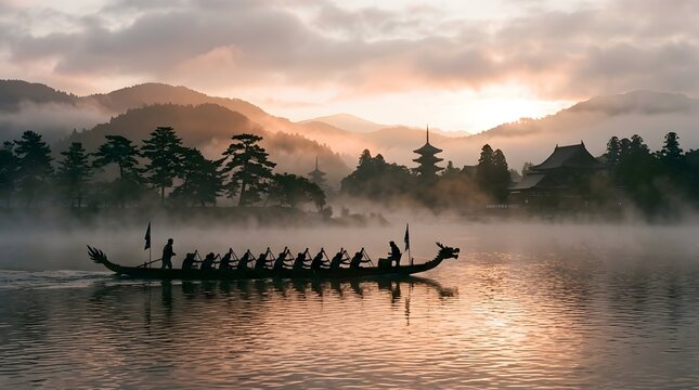 Traditional dragon boat with rowers on misty lake at sunrise with pagoda and mountains in background.