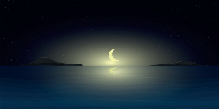 crescent moon reflected in the sea, night view.