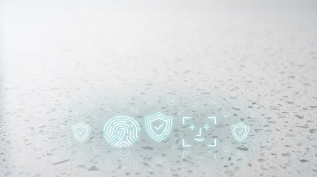 Abstract Conceptualization of Decentralized Identity and Biometric Verification Holographic Interface Projected on Polished White Terrazzo Floor Macro Stock Photo