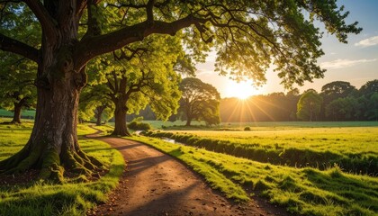 Fototapeta premium Sunlight Streams Through Majestic Oak Trees Onto A Winding Path In A Lush Green Meadow.