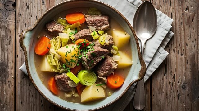 A hearty bowl of stew, brimming with tender chunks of meat, vibrant carrots, soft potatoes, and crisp leeks, served on a rustic wooden table, promises a comforting and delicious meal.