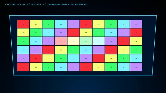 A digital container scanning process visualizes data metrics moving across a bright interface screen while tracking cargo distribution within a futuristic freight storage hold monitor