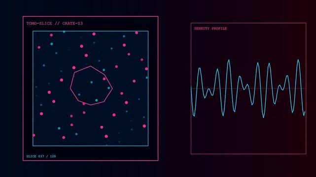 Digital container scanning panels display varying point density plots with pulsing neon waveform graphs moving in real time across a dark interface for scientific data monitoring
