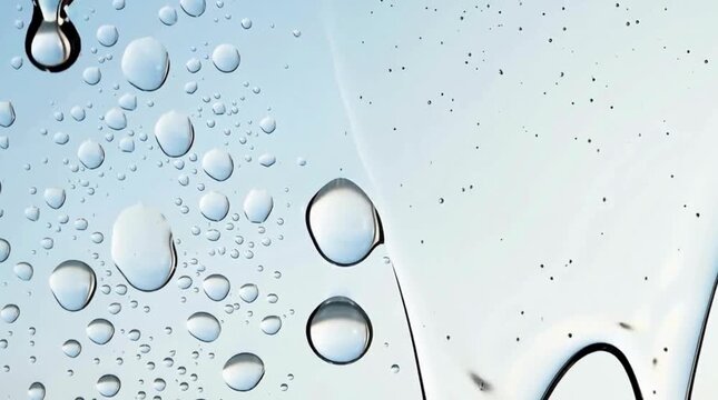 透明な水滴が浮遊する清潔感のあるブルーグラデーション背景