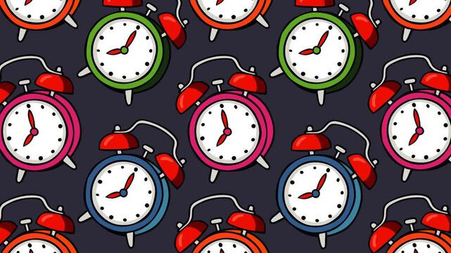 Seamless pattern featuring colorful retro alarm clocks on a dark background. Playful repeating timekeeping theme ideal for kids, education, schedules, wake-up concepts, and lively motion footage.
