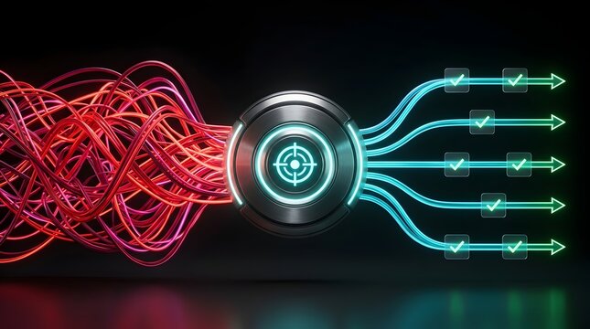 Complex tangled red glowing wires entering a metallic target hub and emerging as straight blue lines with checkmarks symbolizing system processing and efficiency