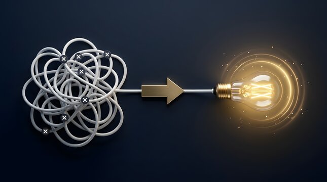 Complex tangled wires featuring error marks leading through a golden arrow to a bright glowing light bulb symbolizing problem solving and creative innovation