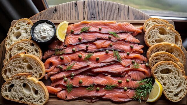 A beautifully arranged platter of smoked salmon slices, garnished with dill and capers, served with crusty bread and a dollop of creamy sauce, ideal for a gourmet appetizer or brunch.