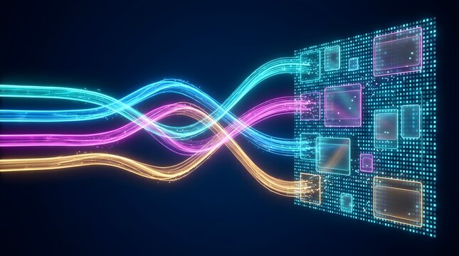 Tangled white network fibers funneling through a glowing processor ring and exiting as aligned straight paths with green checkmarks demonstrating data integration