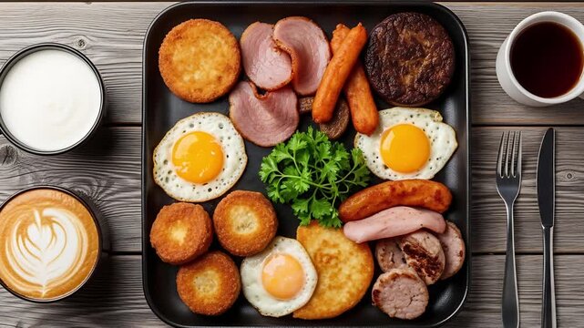 A hearty and delicious breakfast spread, featuring a full English breakfast with fried eggs, sausages, bacon, hash browns, and more, accompanied by coffee and milk.